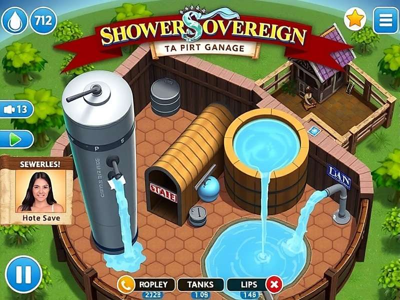 Shower Sovereign Gameplay Screenshot Shower Sovereign Gameplay showing a player managing water resources in a village setting with taps, tanks, and community members