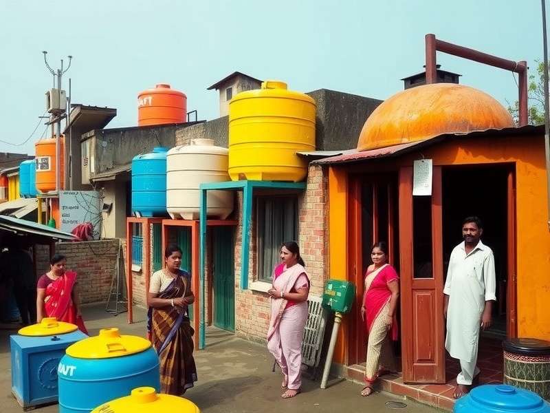 Shower Sovereign Official Cover Art Shower Sovereign Cover Image showing a vibrant Indian neighborhood with water tanks, taps, and community members